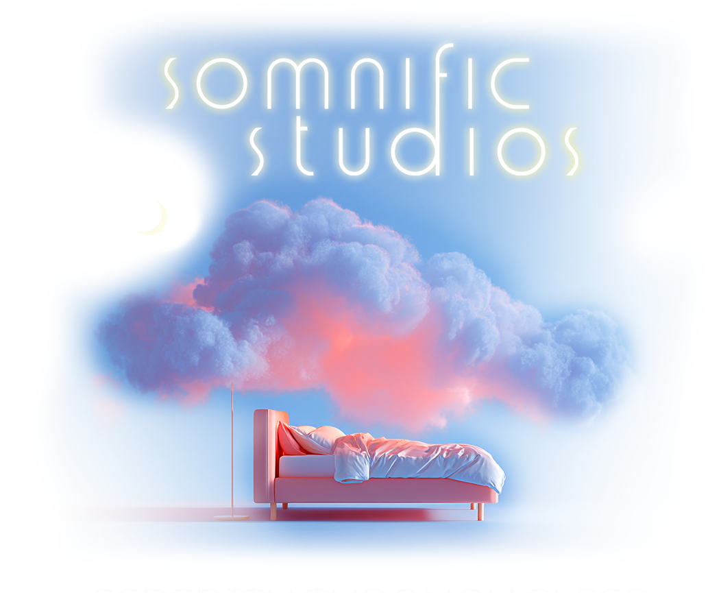 Somnific Studios — a bed floating beneath a glowing cloud and crescent moon